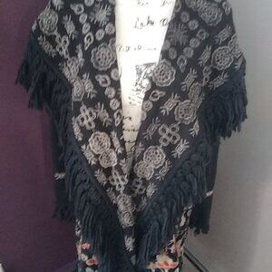 Johnny was BLACK Pfionah Biya Fringe Embroidered wrap jacket coat M Medium